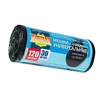 Мешки для мусора 120 л, с ушками, черные, в рулоне 30 шт., ПНД, 15 мкм, 1100х700 мм, Крепак, 4607075710375 в Арзамасе