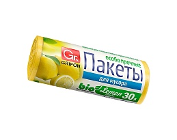 Мешки для мусора 30 л, ароматизированные, Лимон, желтые, в рулоне 20 шт., ПНД, 9 мкм, 560х530 мм, GRIFON Aroma, 101-020 Li в Арзамасе